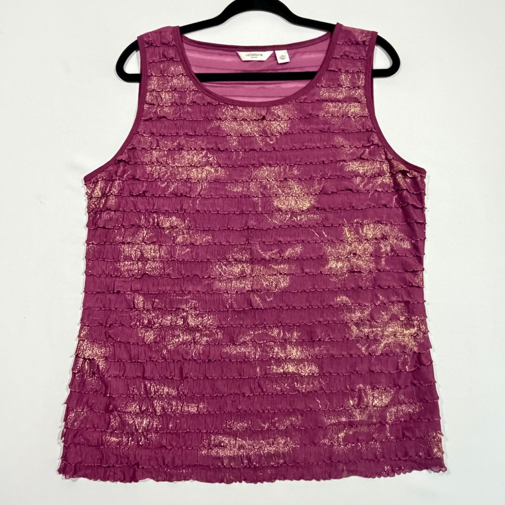 Liz Claiborne Womens Tank Top XL Purple Magenta Ruffle Gold Foil Plus Size